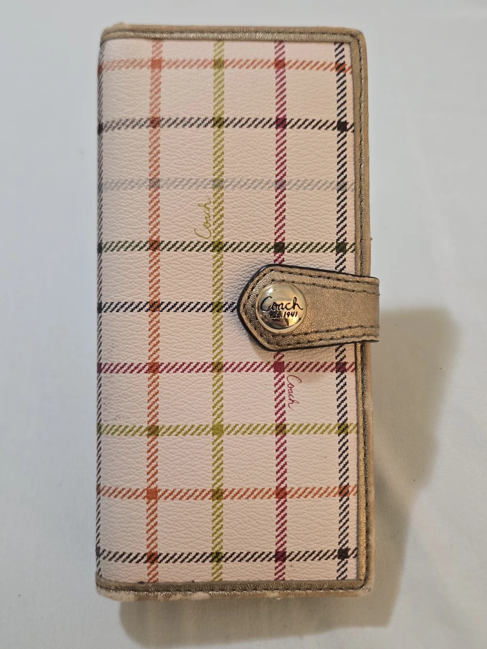 Coach Peyton Tattersall Checkbook Wallet Pink Plaid Long Wallet Organizer